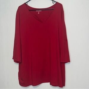 Women Within Red Cotton V NECK 3/4 Length ROLL TAB SLEEVES Top SZ 3X 30/32.